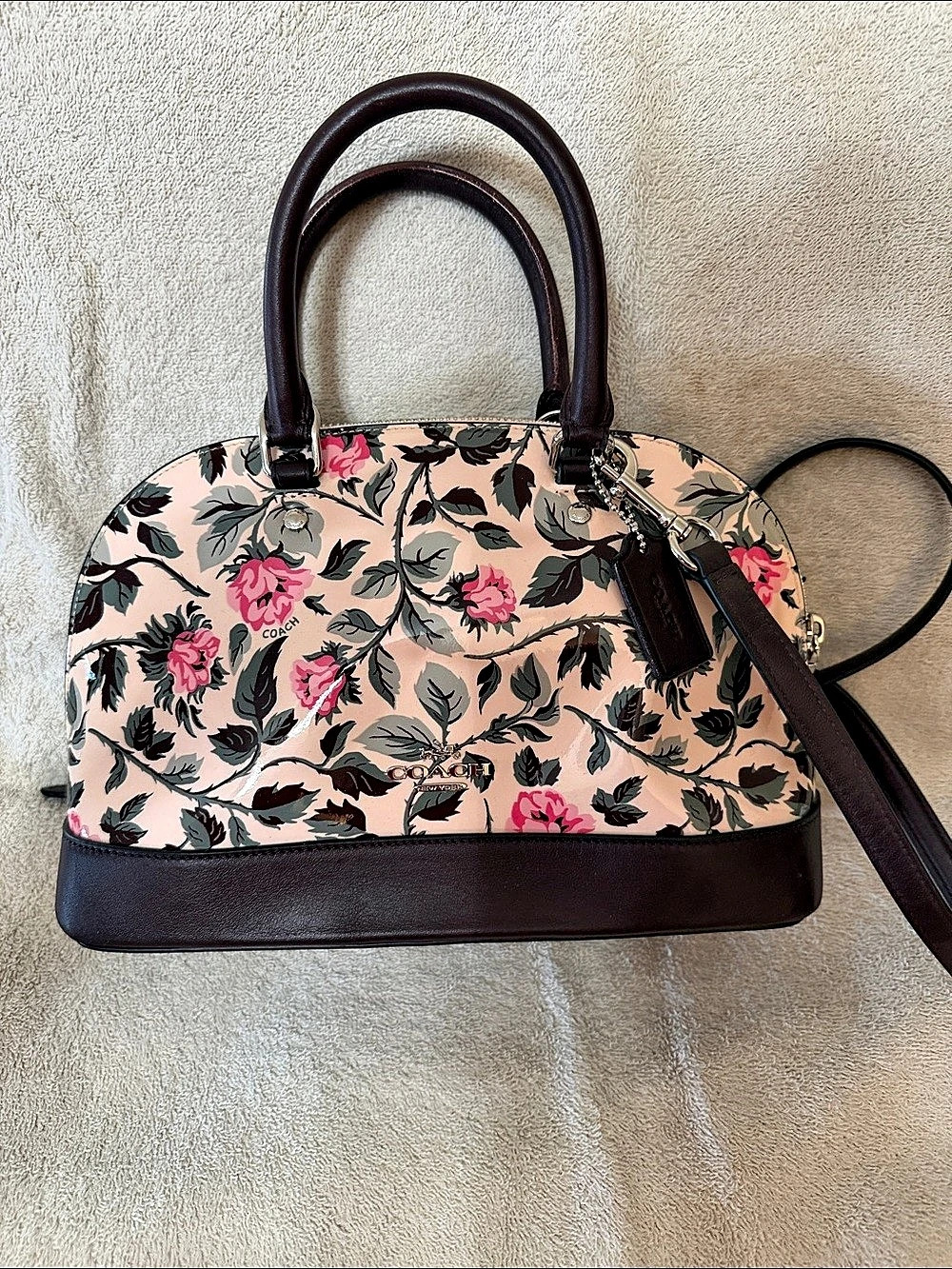 NWT Authentic Coach Mini Sierra Satchel With Rose Bouquet Print Pink & Brown